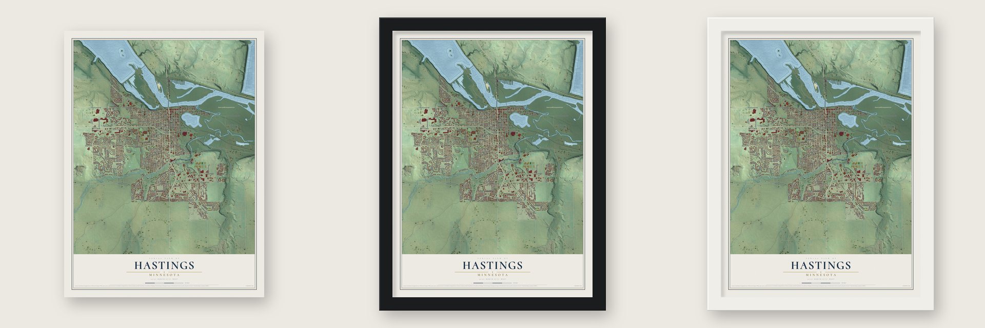 Hastings, Minnesota map unframed, in a black wood frame and in a white wood frame