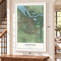 Hastings, Minnesota map, 24 x 36 inch print in a white frame by a staircase