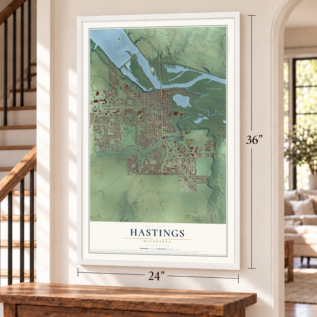 Hastings, Minnesota map, 24 x 36 inch print in a white frame by a staircase