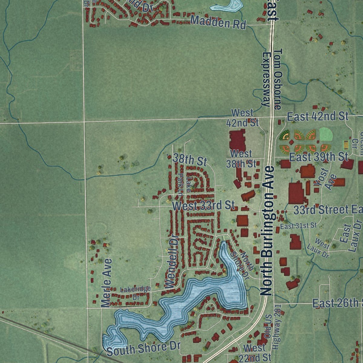 Second close-up of the map of Hastings, Nebraska print showing more streets and buildings