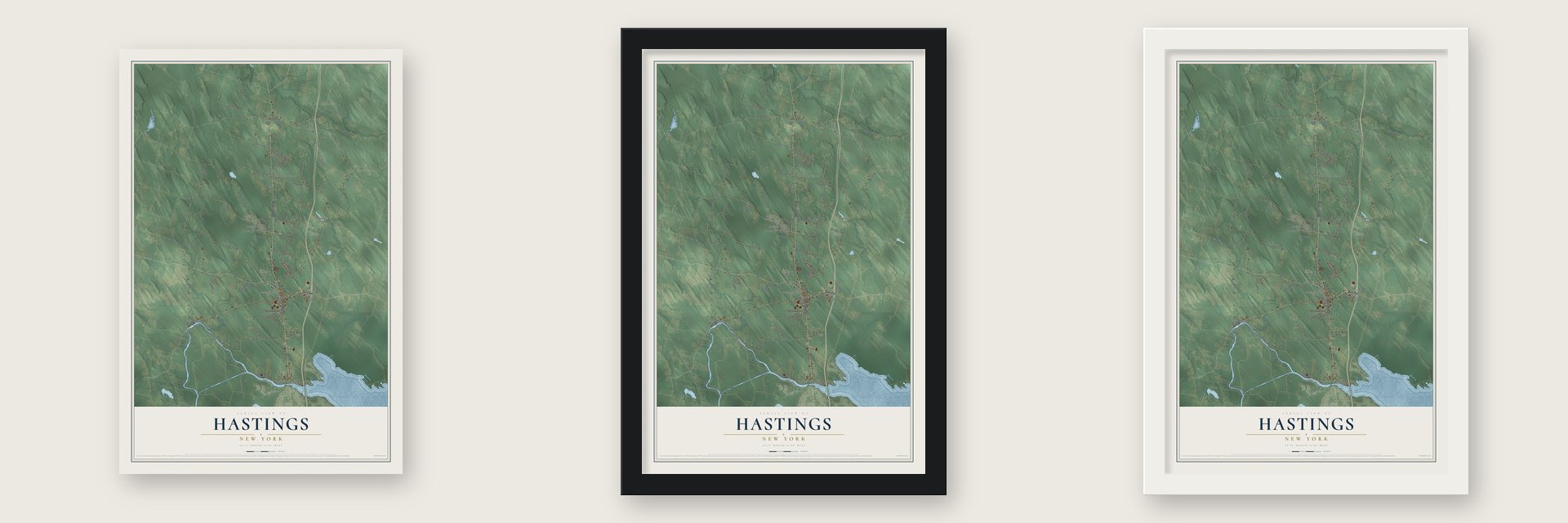 Hastings, New York map unframed, in a black wood frame and in a white wood frame