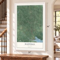 Hastings, New York map, 24 x 36 inch print in a white frame by a staircase