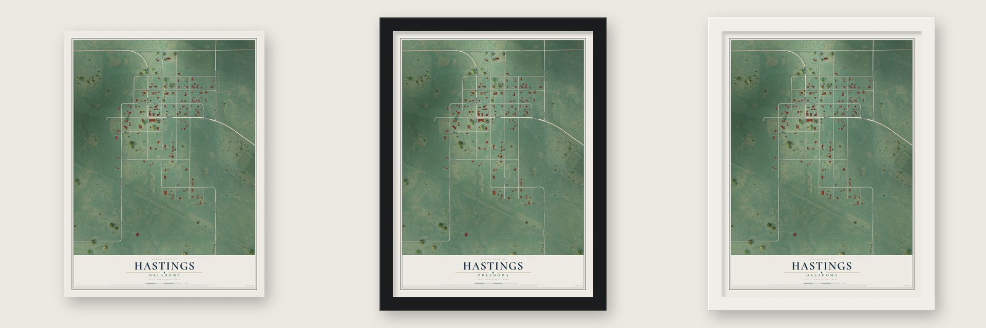 Hastings, Oklahoma map unframed, in a black wood frame and in a white wood frame