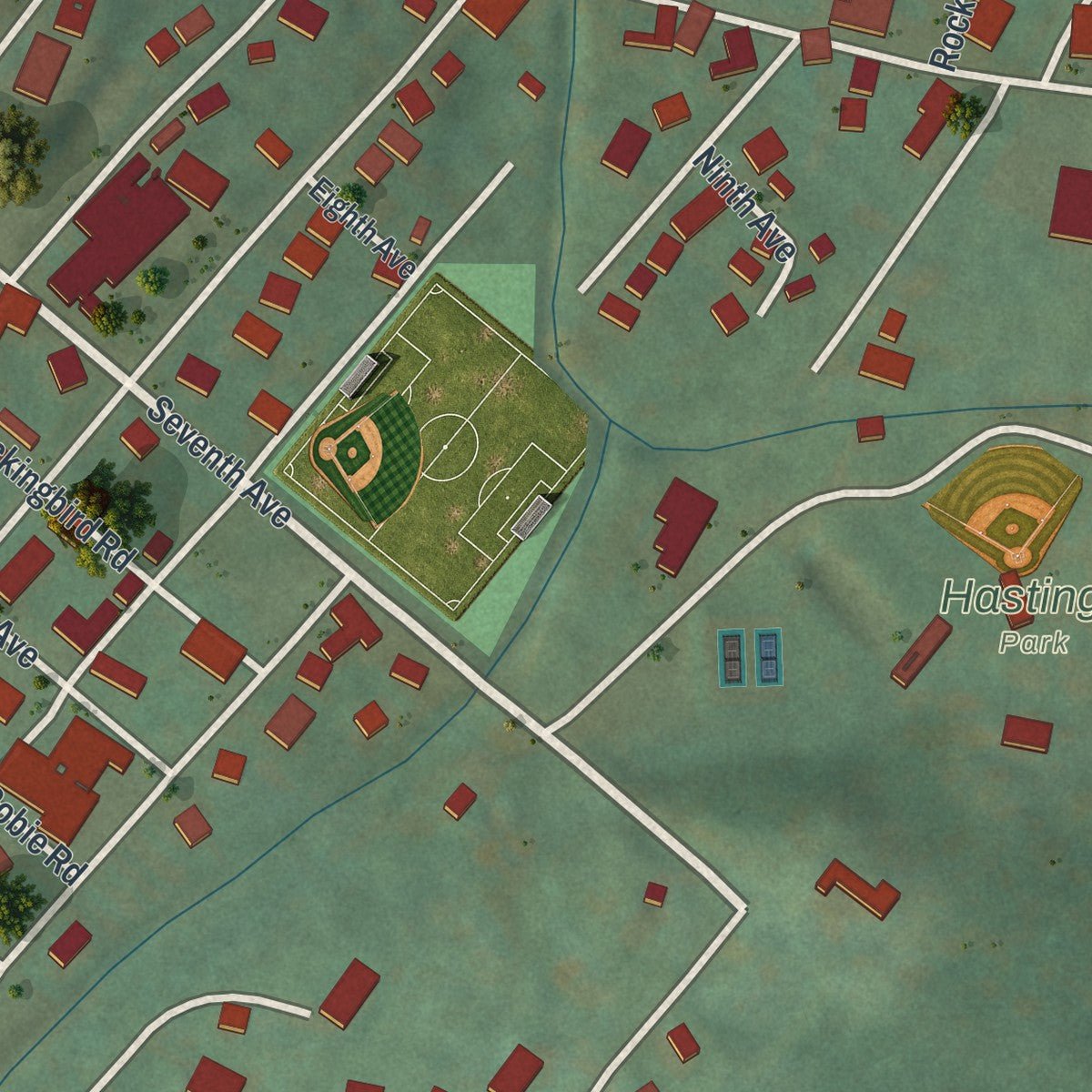 Second close-up of the map of Hastings, Pennsylvania print showing more streets and buildings