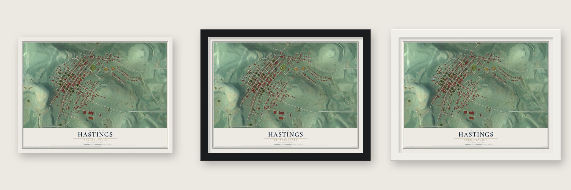 Hastings, Pennsylvania map unframed, in a black wood frame and in a white wood frame
