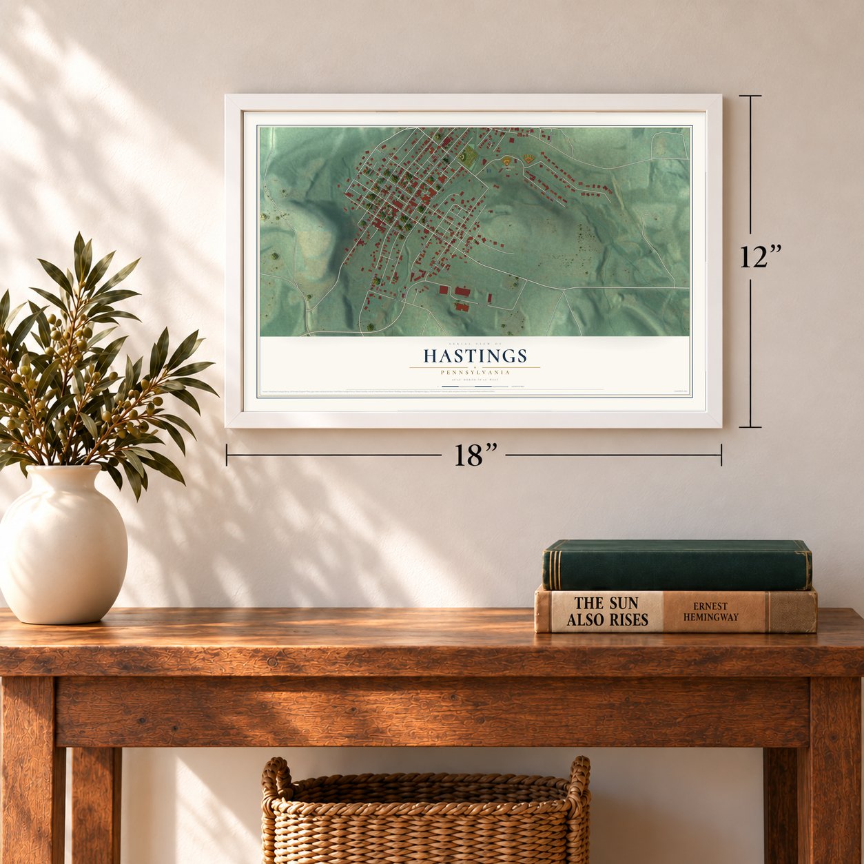 Hastings, Pennsylvania map, 12 x 18 inch print in a white frame in an entryway