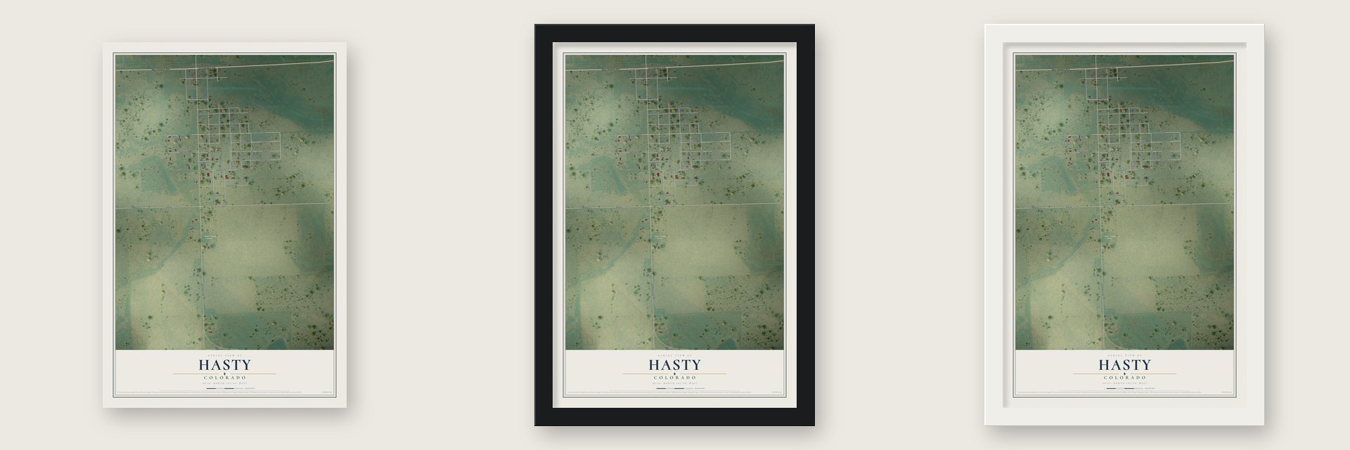 Hasty, Colorado map unframed, in a black wood frame and in a white wood frame