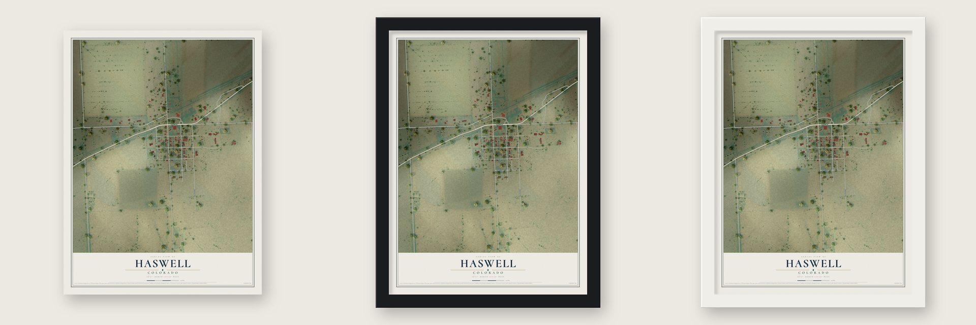 Haswell, Colorado map unframed, in a black wood frame and in a white wood frame