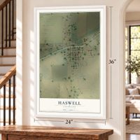 Haswell, Colorado map, 24 x 36 inch print in a white frame by a staircase