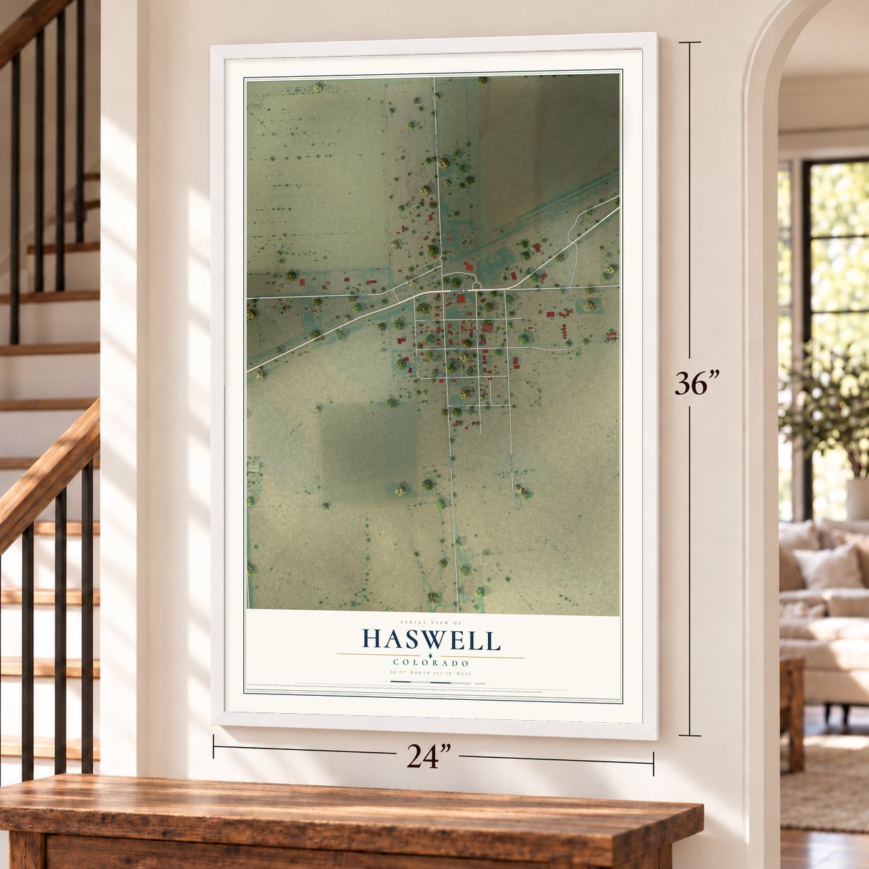 Haswell, Colorado map, 24 x 36 inch print in a white frame by a staircase