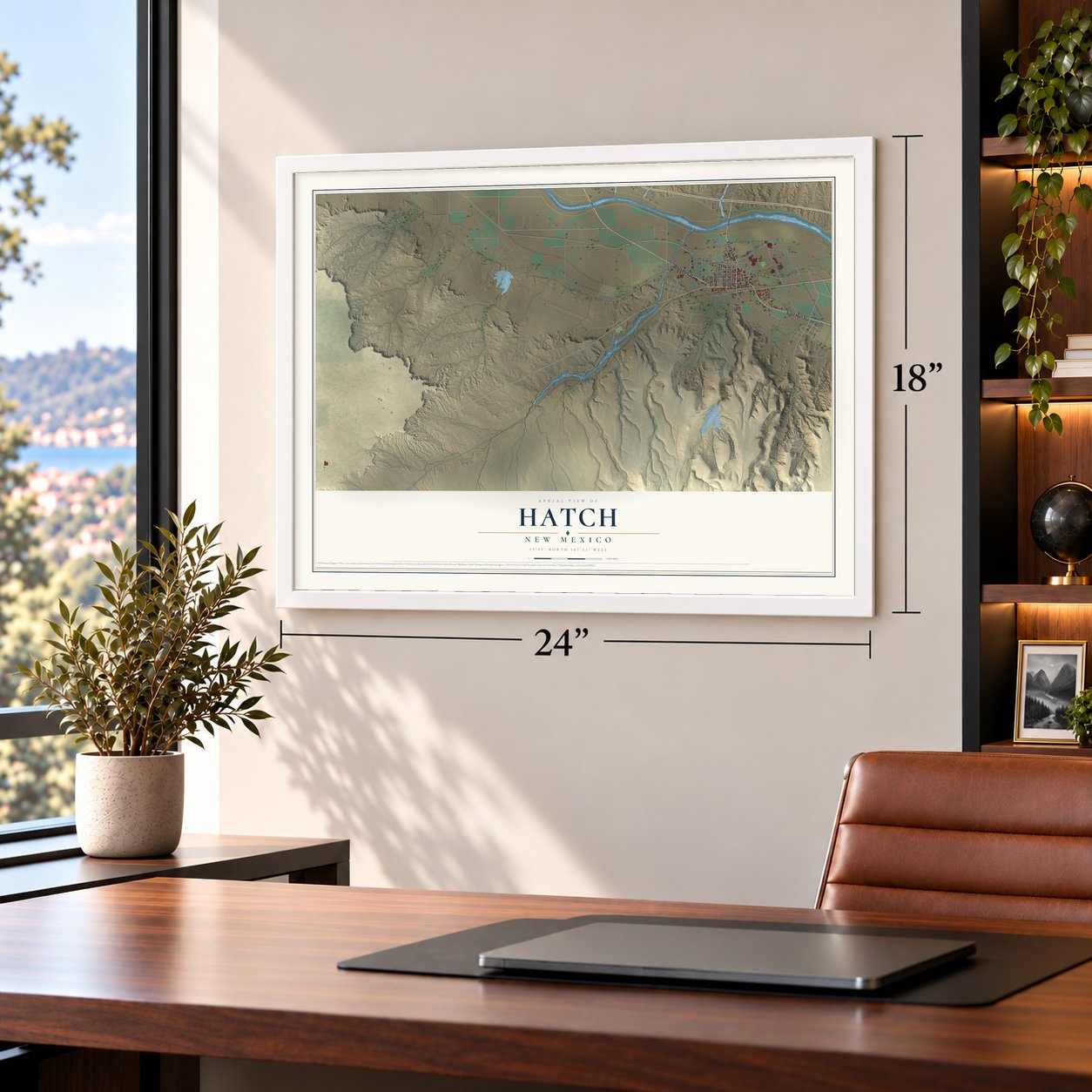 Hatch, New Mexico map, 18 x 24 inch print in a white frame in a home office
