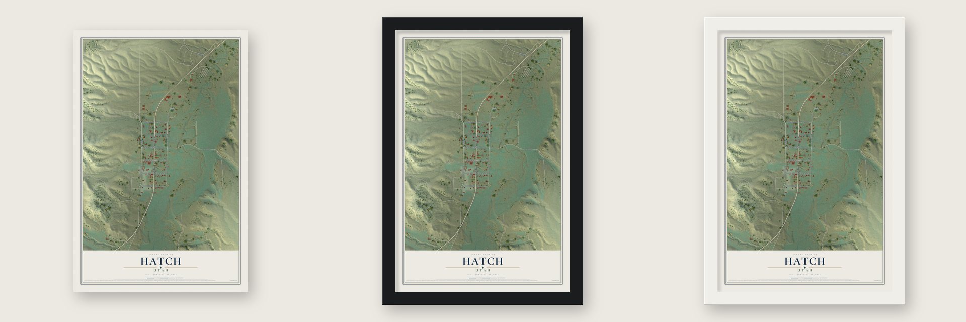 Hatch, Utah map unframed, in a black wood frame and in a white wood frame