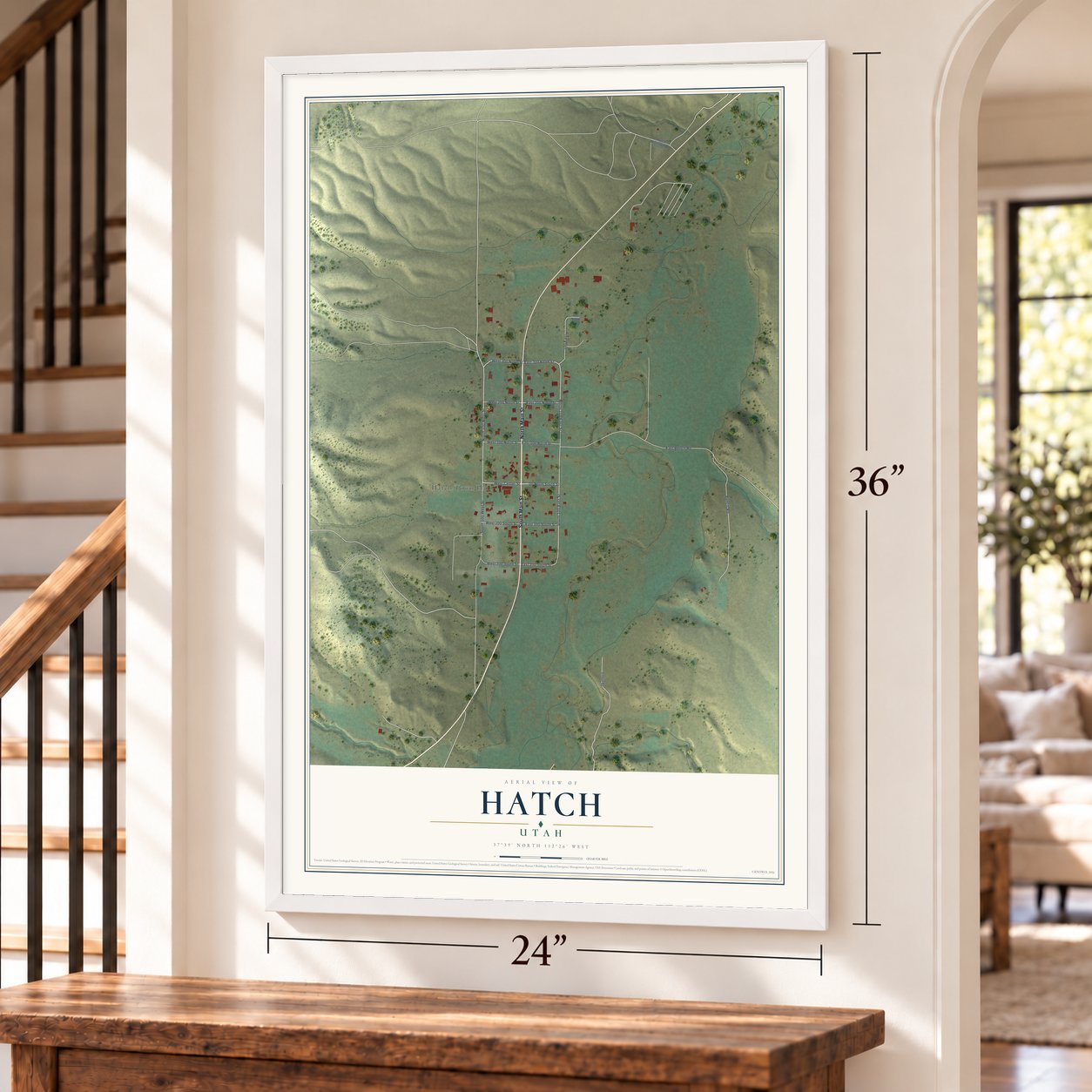 Hatch, Utah map, 24 x 36 inch print in a white frame by a staircase