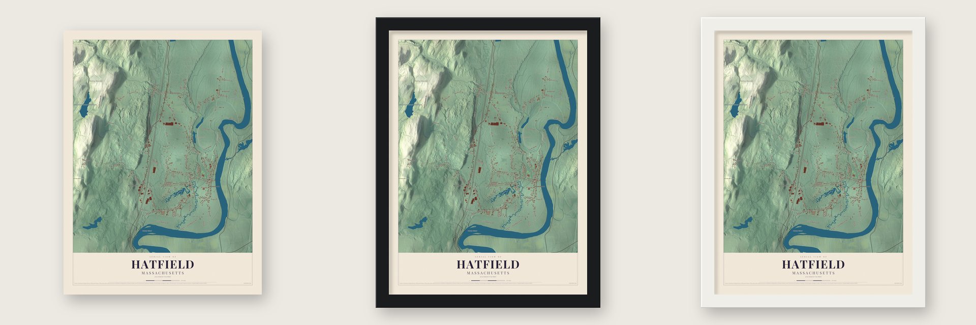Hatfield, Massachusetts map unframed, in a black wood frame and in a white wood frame