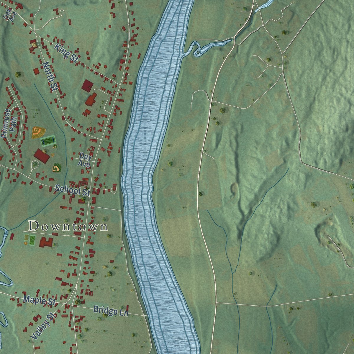 Second close-up of the map of Hatfield, Massachusetts print showing more streets and buildings