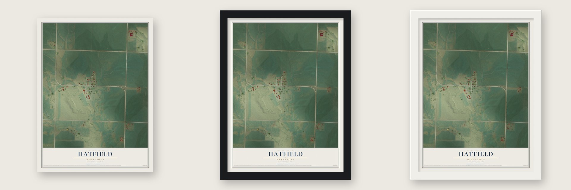 Hatfield, Minnesota map unframed, in a black wood frame and in a white wood frame