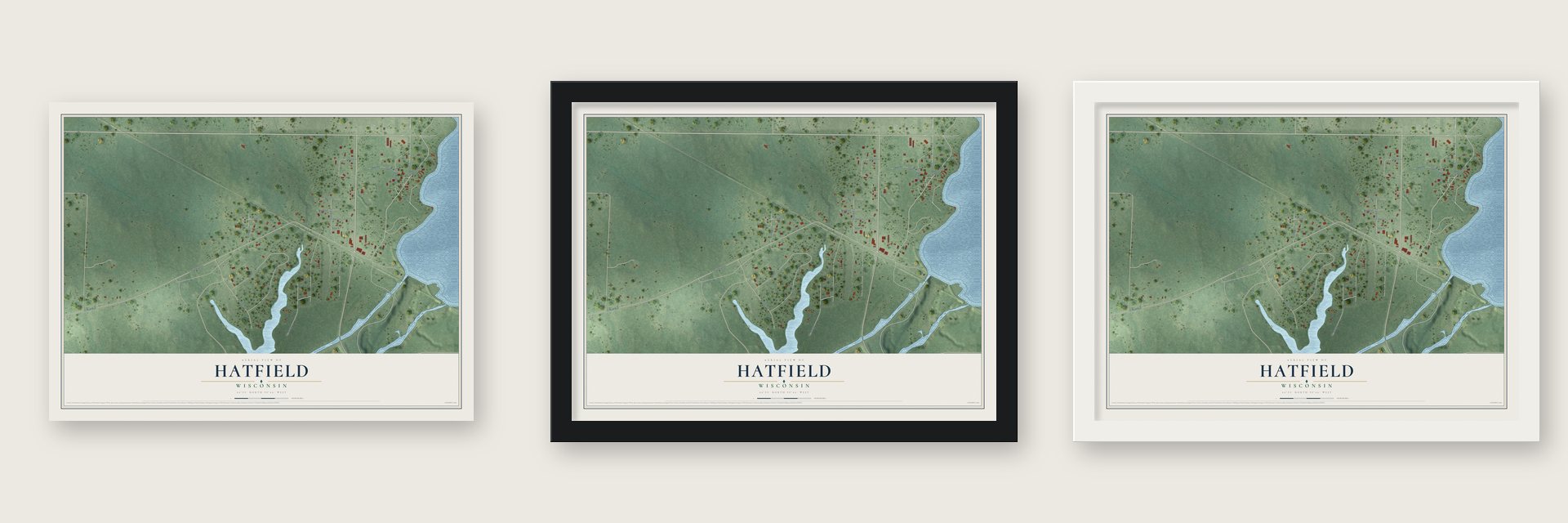 Hatfield, Wisconsin map unframed, in a black wood frame and in a white wood frame