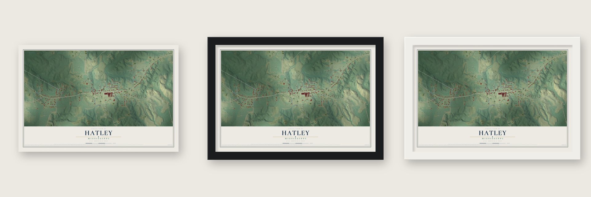 Hatley, Mississippi map unframed, in a black wood frame and in a white wood frame