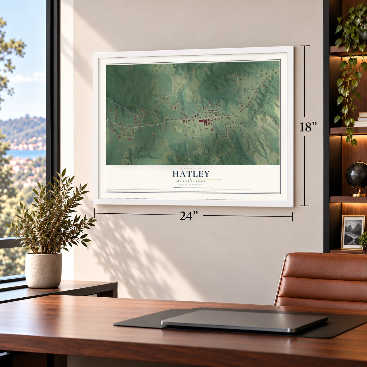 Hatley, Mississippi map, 18 x 24 inch print in a white frame in a home office