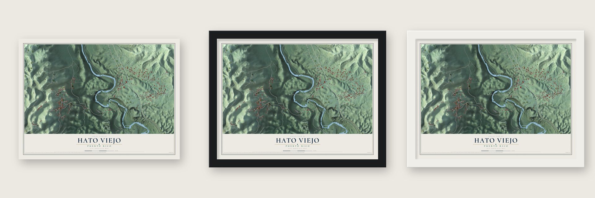 Hato Viejo, Puerto Rico map unframed, in a black wood frame and in a white wood frame