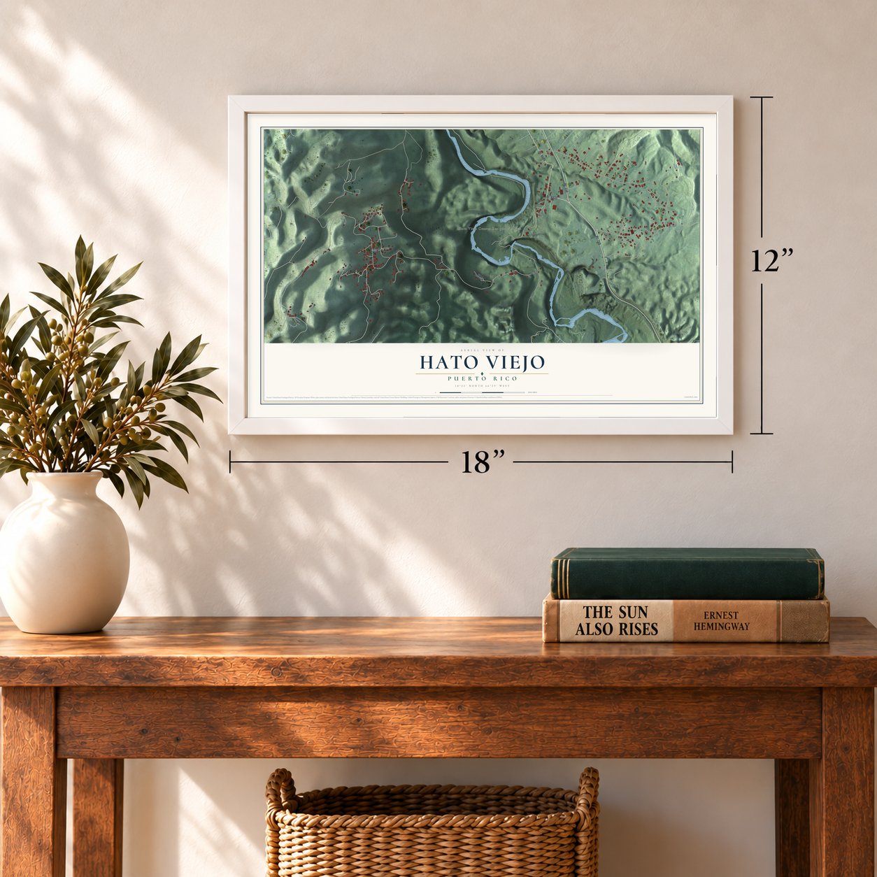 Hato Viejo, Puerto Rico map, 12 x 18 inch print in a white frame in an entryway