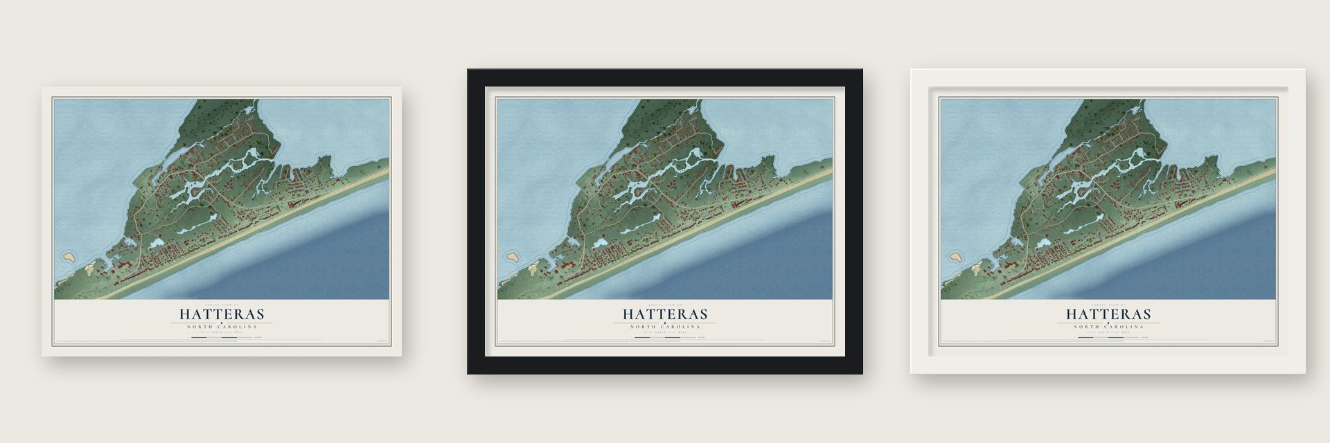 Hatteras, North Carolina map unframed, in a black wood frame and in a white wood frame