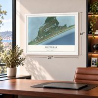 Hatteras, North Carolina map, 18 x 24 inch print in a white frame in a home office