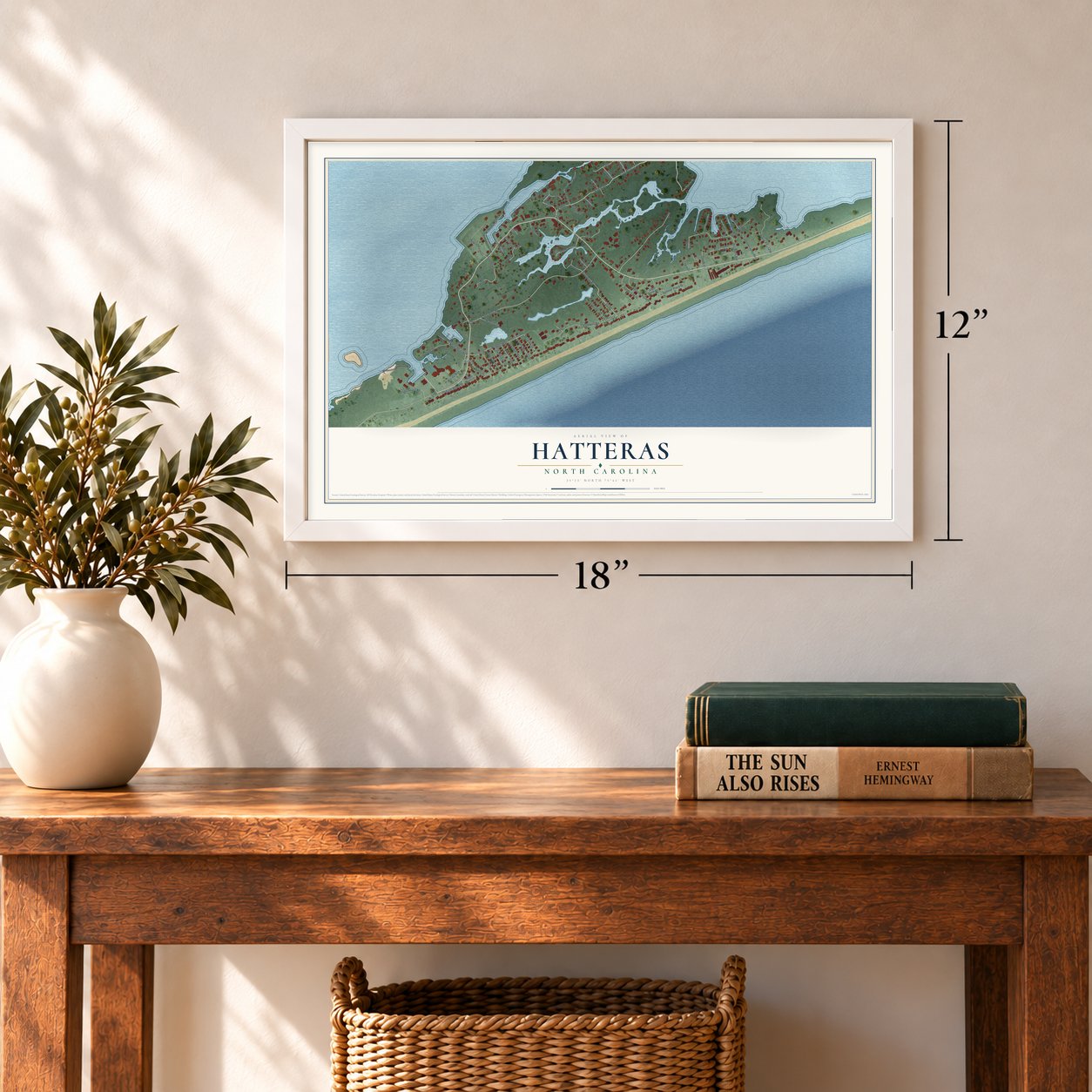 Hatteras, North Carolina map, 12 x 18 inch print in a white frame in an entryway