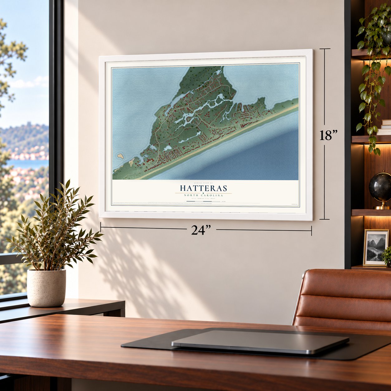 Hatteras, North Carolina map, 18 x 24 inch print in a white frame in a home office