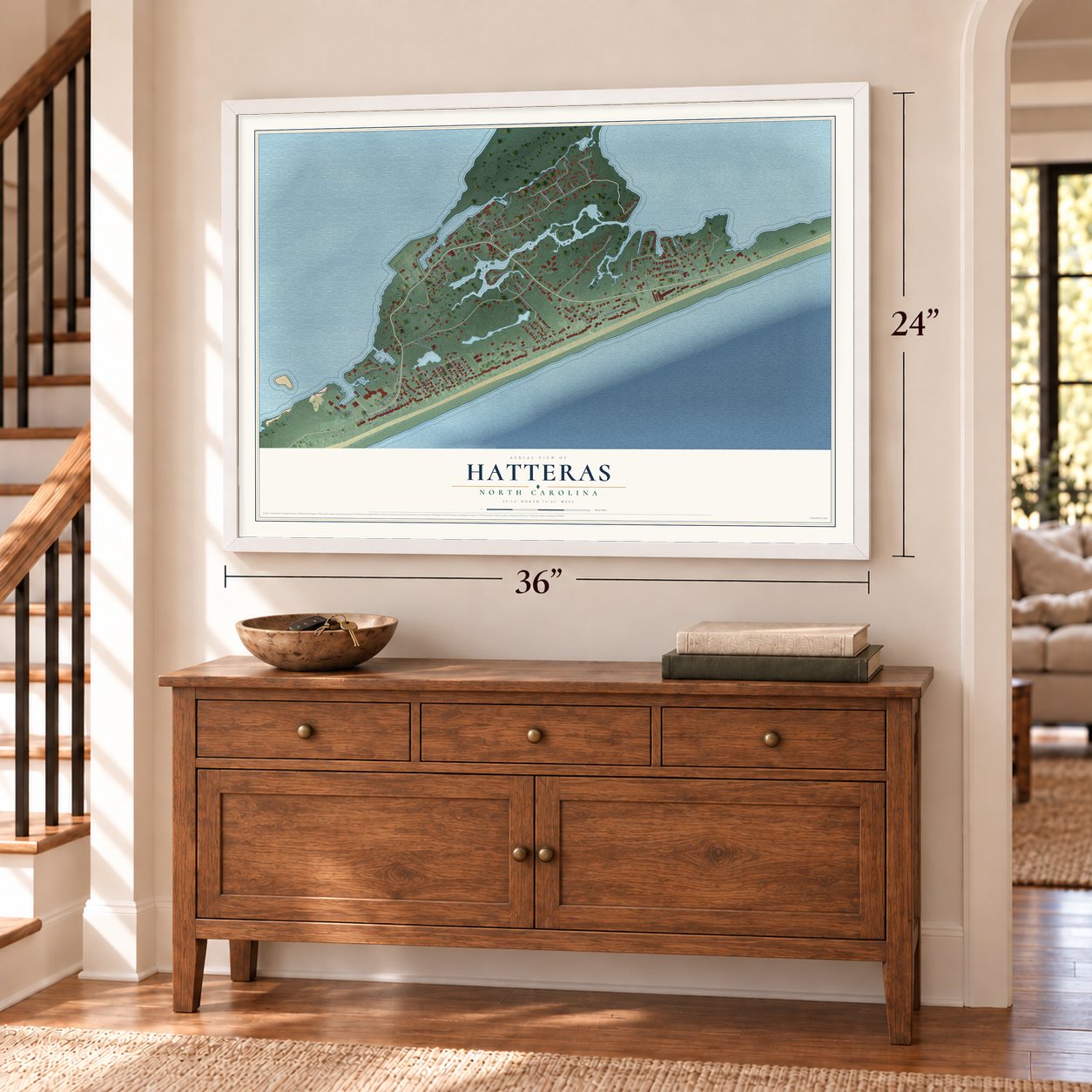 Hatteras, North Carolina map, 24 x 36 inch print in a white frame above a dresser by a staircase