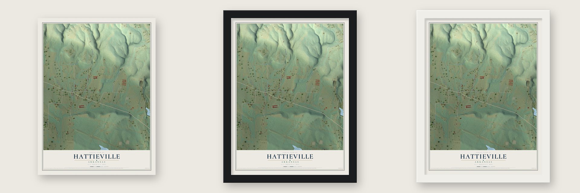 Hattieville, Arkansas map unframed, in a black wood frame and in a white wood frame