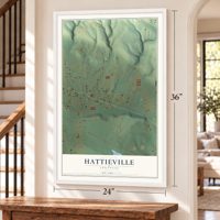 Hattieville, Arkansas map, 24 x 36 inch print in a white frame by a staircase
