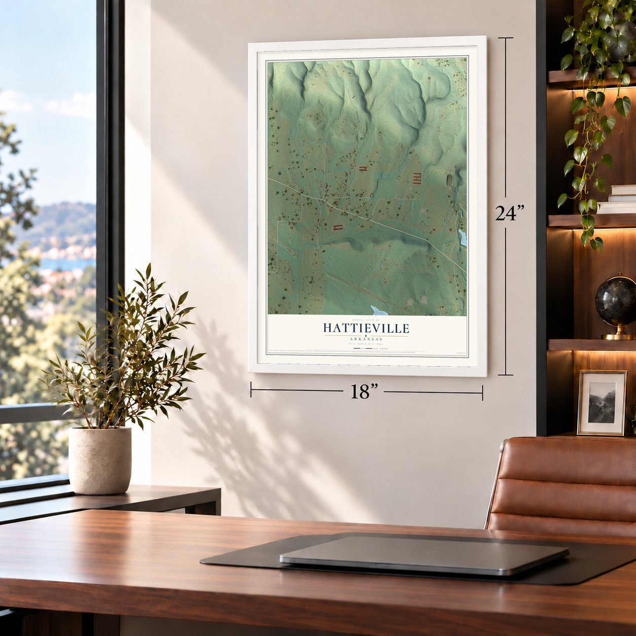 Hattieville, Arkansas map, 18 x 24 inch print in a white frame in a home office