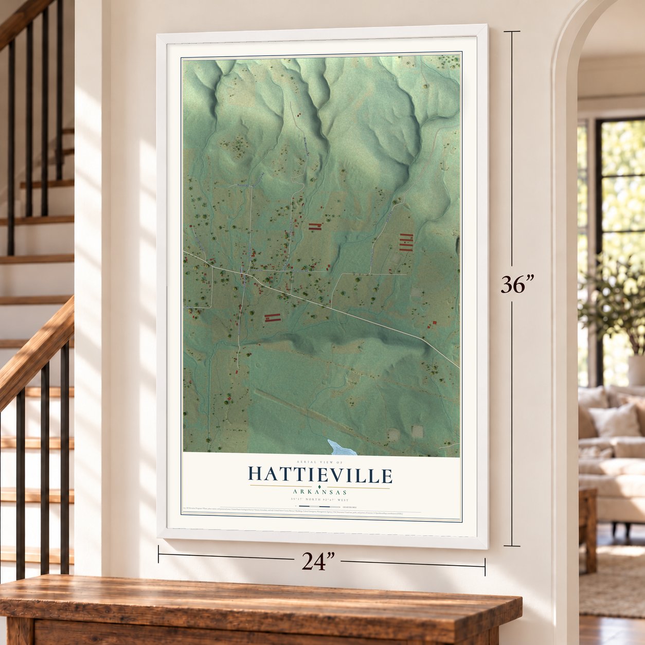 Hattieville, Arkansas map, 24 x 36 inch print in a white frame by a staircase