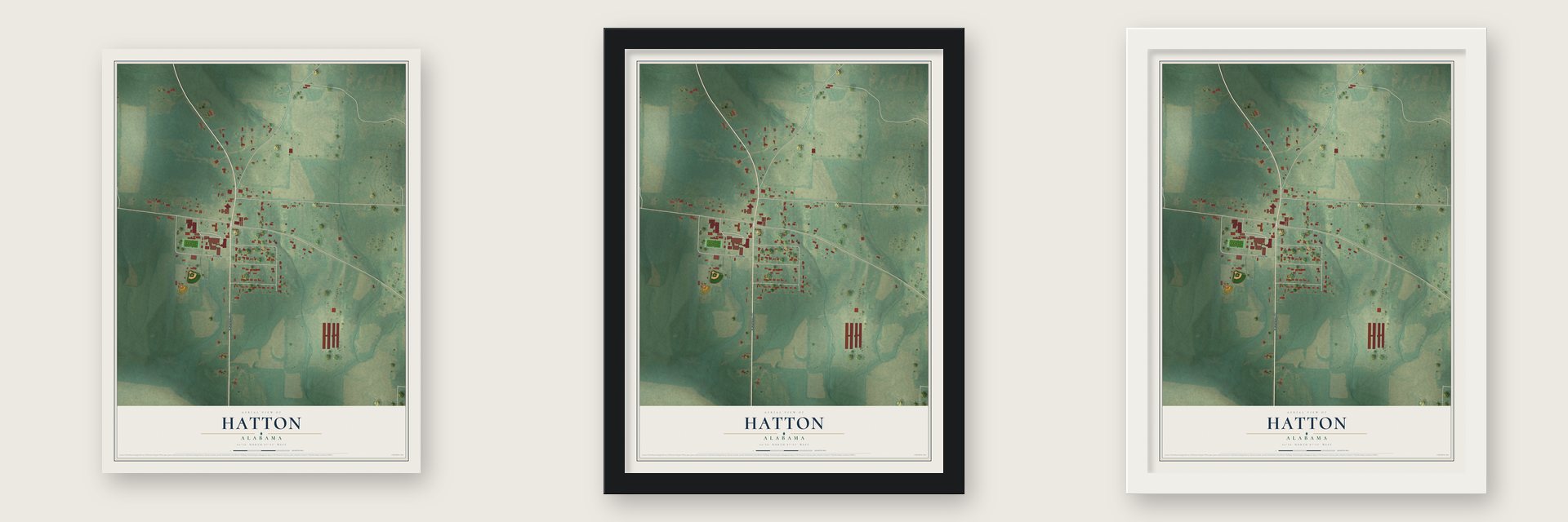 Hatton, Alabama map unframed, in a black wood frame and in a white wood frame