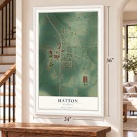 Hatton, Alabama map, 24 x 36 inch print in a white frame by a staircase