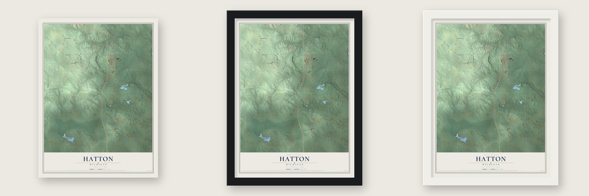 Hatton, Michigan map unframed, in a black wood frame and in a white wood frame