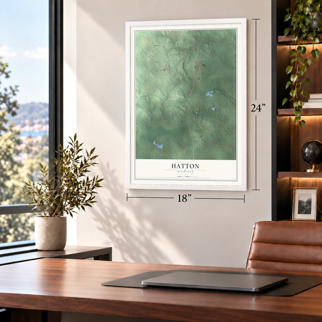 Hatton, Michigan map, 18 x 24 inch print in a white frame in a home office