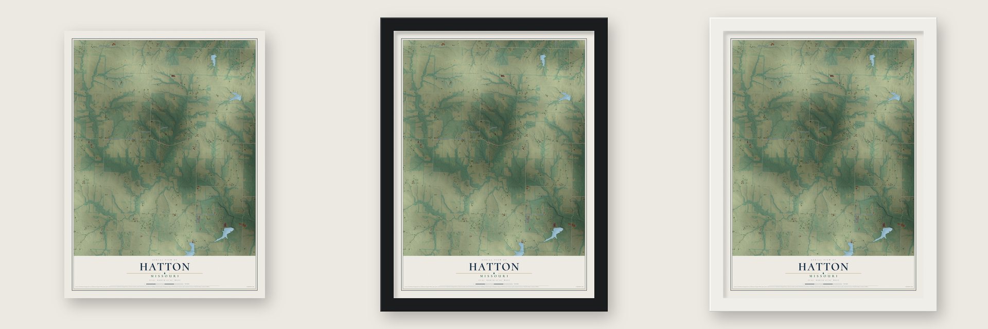 Hatton, Missouri map unframed, in a black wood frame and in a white wood frame