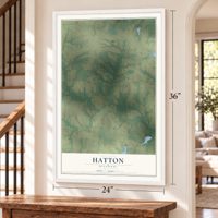 Hatton, Missouri map, 24 x 36 inch print in a white frame by a staircase