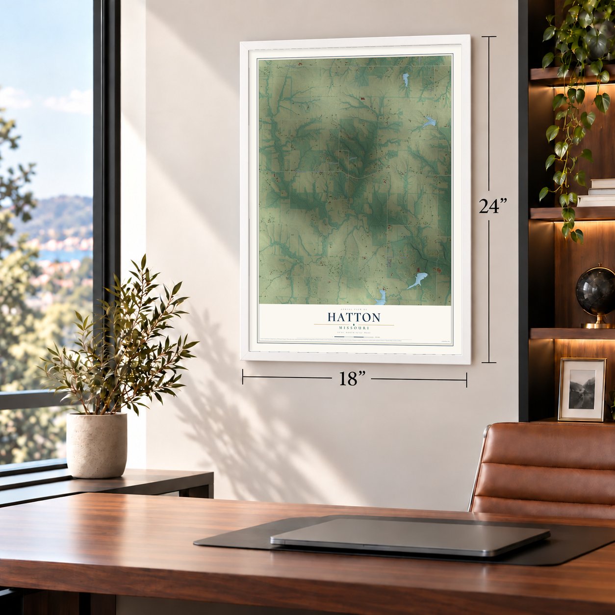 Hatton, Missouri map, 18 x 24 inch print in a white frame in a home office