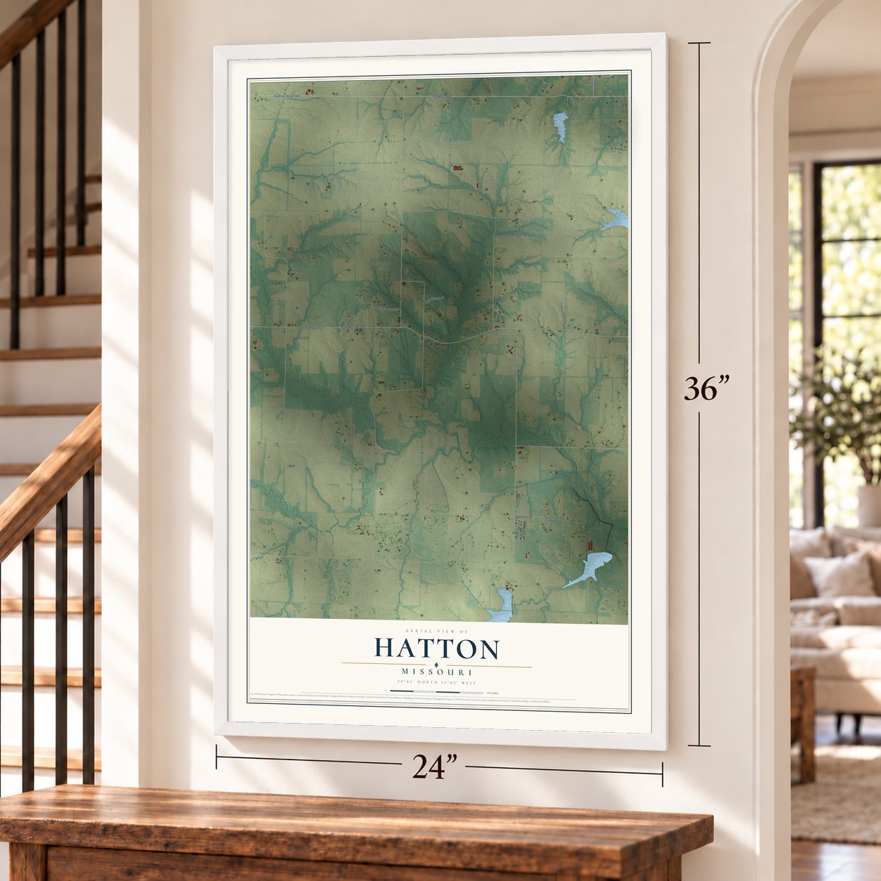 Hatton, Missouri map, 24 x 36 inch print in a white frame by a staircase