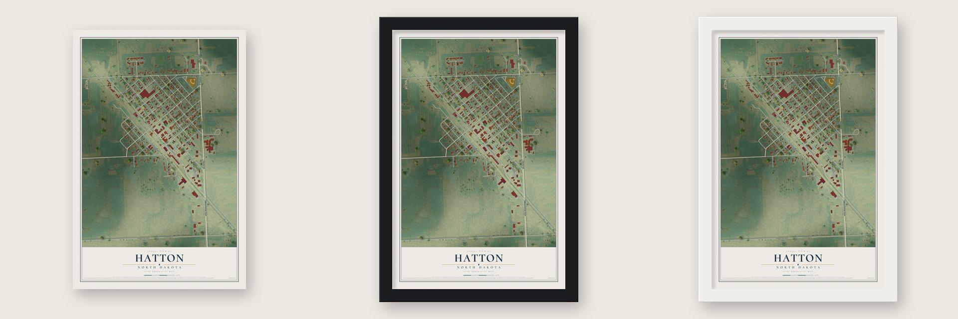 Hatton, North Dakota map unframed, in a black wood frame and in a white wood frame