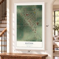 Hatton, North Dakota map, 24 x 36 inch print in a white frame by a staircase