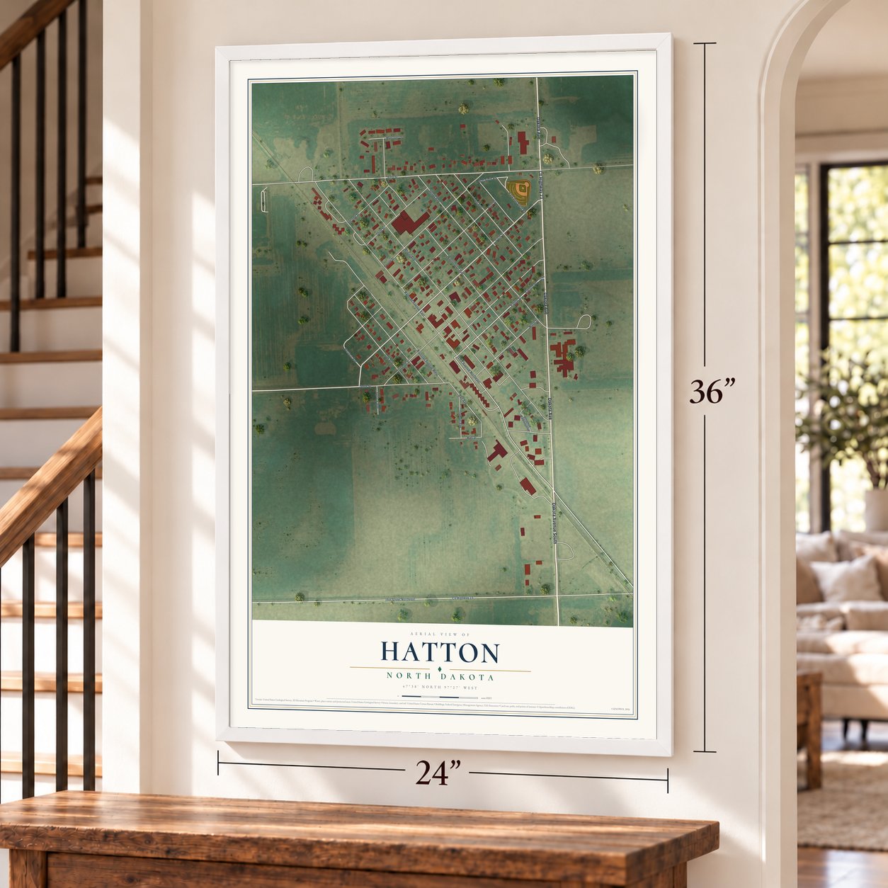 Hatton, North Dakota map, 24 x 36 inch print in a white frame by a staircase