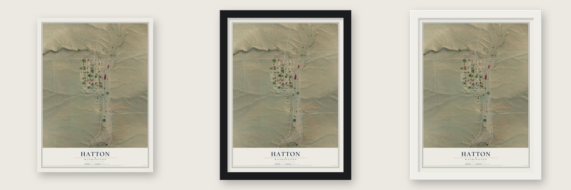 Hatton, Washington map unframed, in a black wood frame and in a white wood frame