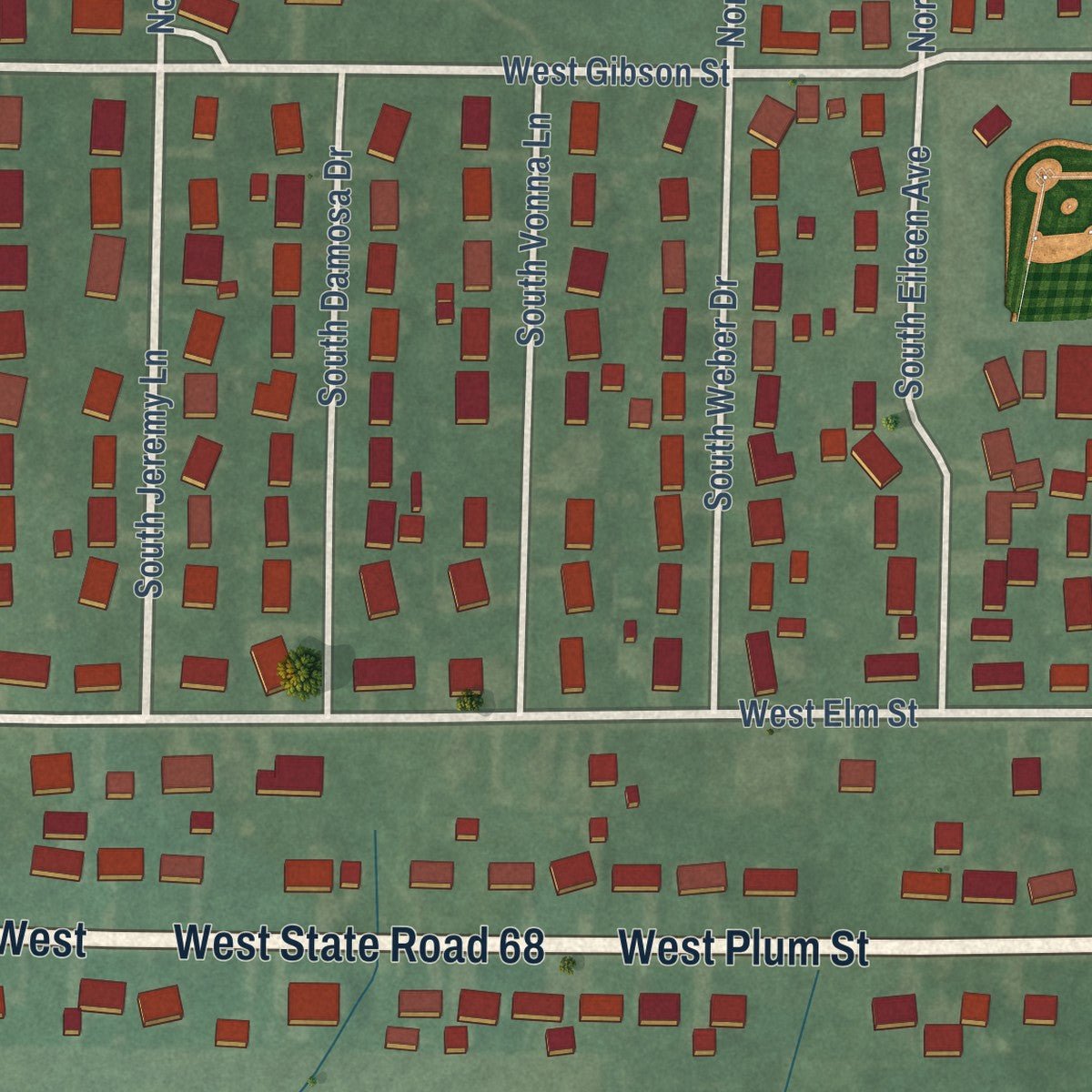 Second close-up of the map of Haubstadt, Indiana print showing more streets and buildings