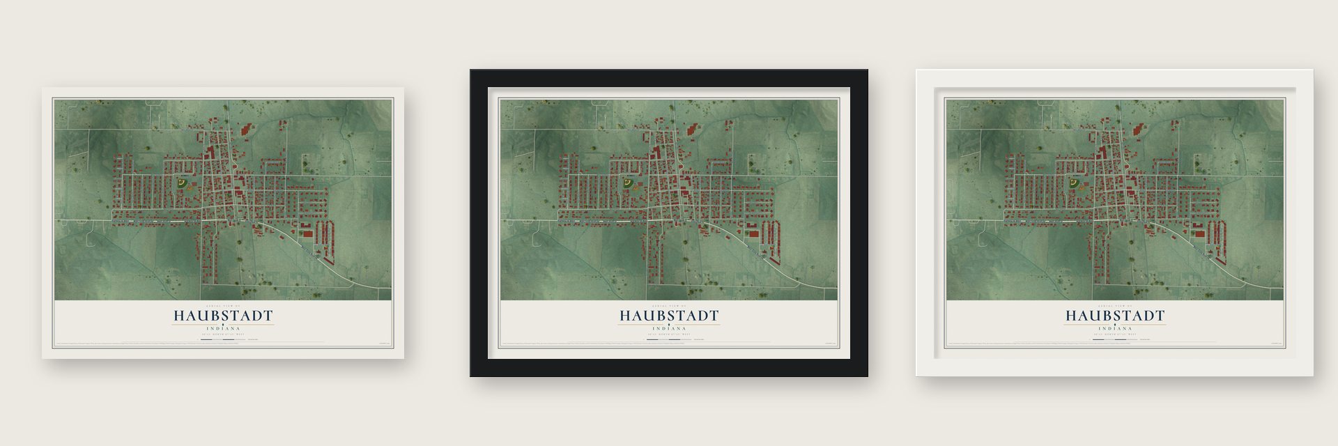 Haubstadt, Indiana map unframed, in a black wood frame and in a white wood frame
