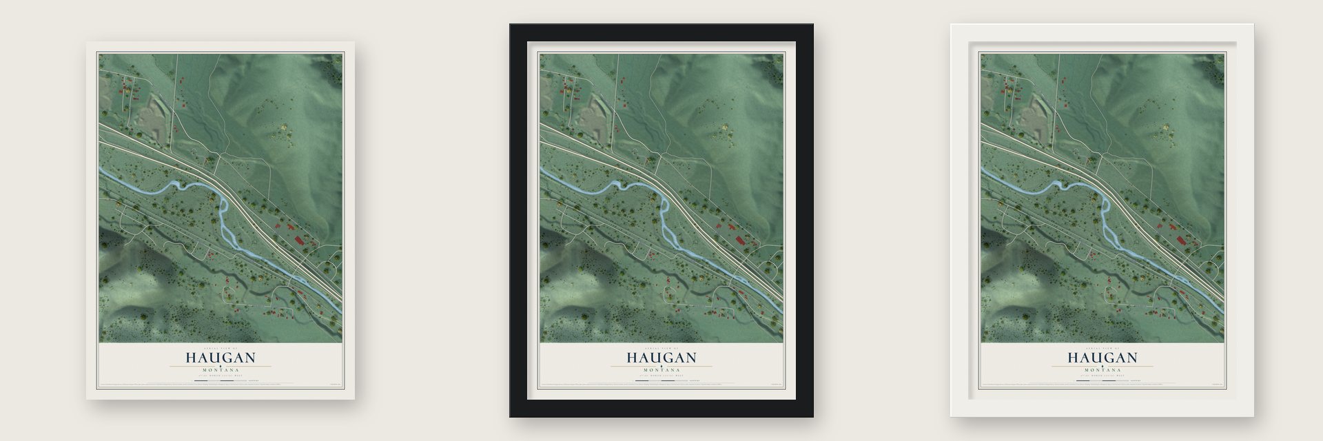 Haugan, Montana map unframed, in a black wood frame and in a white wood frame