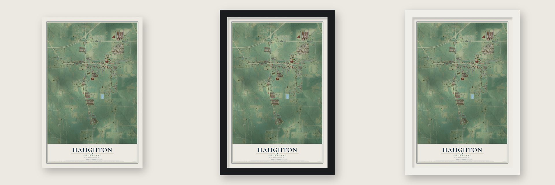 Haughton, Louisiana map unframed, in a black wood frame and in a white wood frame